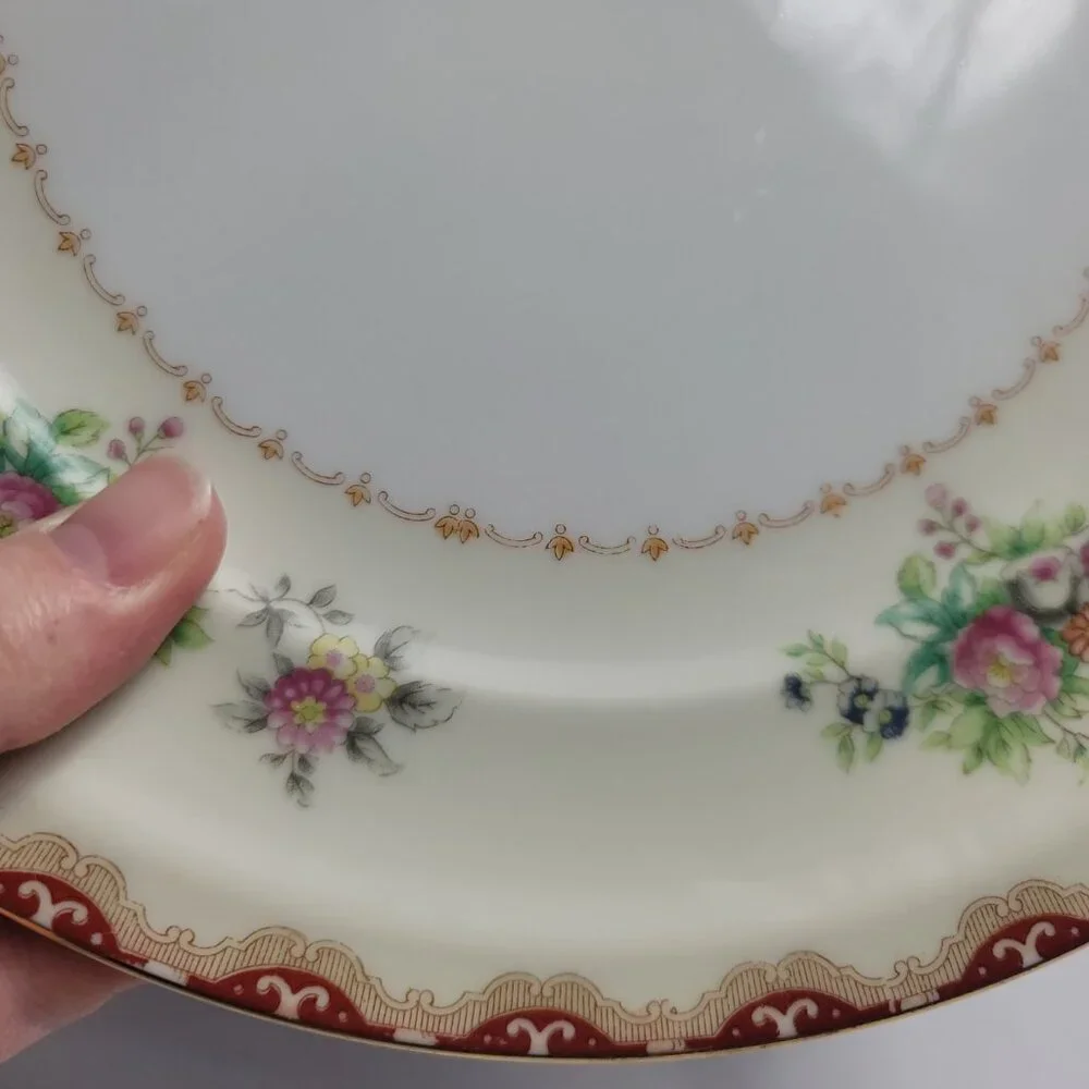 TWO Meito Keepsake Dinner Plates Ivory with Rust & Tan Scroll & Floral Rim